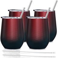 🍷 12 oz insulated wine tumbler set with lid, deedro - double wall vacuum insulated wine cup with straws and brushes - stemless stainless steel wine glass for drinks - 4 pieces (glitter red and greenish blue) логотип