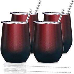 img 4 attached to 🍷 12 oz Insulated Wine Tumbler Set with Lid, Deedro - Double Wall Vacuum Insulated Wine Cup with Straws and Brushes - Stemless Stainless Steel Wine Glass for Drinks - 4 Pieces (Glitter Red and Greenish Blue)