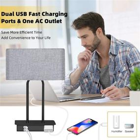 img 3 attached to Modern Grey Bedside Table Lamps with USB Ports and AC Outlet - Set of 2, Dimmable Lighting Solution for Bedroom and Living Room, Includes Bulbs