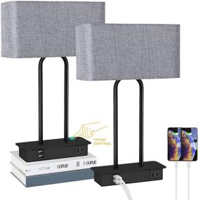 img 4 attached to Modern Grey Bedside Table Lamps with USB Ports and AC Outlet - Set of 2, Dimmable Lighting Solution for Bedroom and Living Room, Includes Bulbs