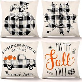 img 4 attached to 🍂 YGEOMER Fall Pillow Covers 20x20 Inch Set of 4 - Autumn Farmhouse Buffalo Plaid Decor, Rustic Linen Pillow Cases for Sofa Couch, Thanksgiving Throw Pillow Covers - Perfect for Fall Home Holiday Ambience