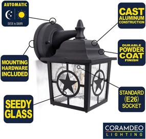 img 2 attached to 🏡 CORAMDEO Country Star Outdoor Dusk to Dawn Farmhouse Porch Light for Porch, Patio, and More – E26 Standard Socket, Wet Location Compatible, Black Powder Coat Cast Aluminum Frame with Seedy Glass