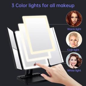 img 3 attached to 💄 Black Trifold LED Lighted Magnifying Makeup Mirror with Rechargeable Battery, 2X/3X/10X Magnification, 3 Color Light, 90° Rotation, Touch Illuminated for Cosmetic Beauty - Vanity Desk Mirrors