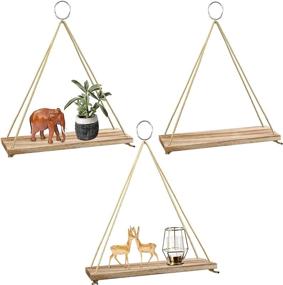 img 4 attached to 🪴 3-Pack Wooden Floating Wall Shelves by POZEAN - Boho Wall Decor for Bedroom, Living Room, Office - Hanging Plant Shelf Included with 6 Ropes, 3 Rings, Hooks, and Anchors