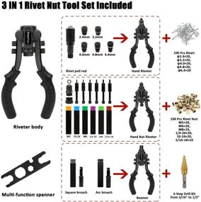 img 2 attached to KINGTOOL 3 в 1 инструмент для заклепок: Полный набор для заклепочного ударника с 100 шт. заклепок и гаек - Включает штоки, ступенчатый сверловой бит и удобный кейс для переноски.