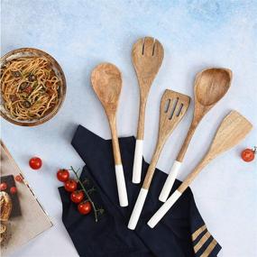 img 2 attached to 🍴 Acacia Wood Kitchen Utensil Set - Non Stick Cooking Tools with Wooden Spoon, Spatula, Fork, Slotted Turner, Corner Spoon - 5-Piece Set, 12 Inches Long, White Finish