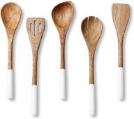 🍴 acacia wood kitchen utensil set - non stick cooking tools with wooden spoon, spatula, fork, slotted turner, corner spoon - 5-piece set, 12 inches long, white finish logo