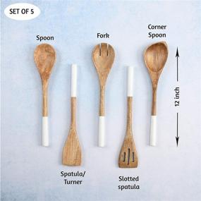 img 3 attached to 🍴 Acacia Wood Kitchen Utensil Set - Non Stick Cooking Tools with Wooden Spoon, Spatula, Fork, Slotted Turner, Corner Spoon - 5-Piece Set, 12 Inches Long, White Finish