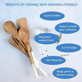 img 1 attached to 🍴 Acacia Wood Kitchen Utensil Set - Non Stick Cooking Tools with Wooden Spoon, Spatula, Fork, Slotted Turner, Corner Spoon - 5-Piece Set, 12 Inches Long, White Finish