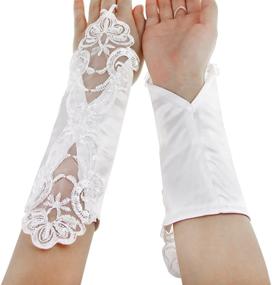 img 3 attached to 👧 Pageant Satin Bowknot Wrist Long Lace Wedding Dress Gloves for Flower Girls - Ages 5-12