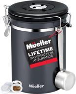 ☕ stainless steel mueller coffee canister - container for coffee beans or grounds, tea, sugar, rice - day and month tracker, built-in calendar wheel - 21oz capacity - includes stainless steel spoon logo