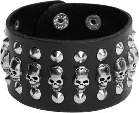 img 3 attached to Studded Leather Bracelet with Skull, Wide Belt Wrist Strap for Bikers and Punk Rock Enthusiasts