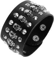 studded leather bracelet with skull, wide belt wrist strap for bikers and punk rock enthusiasts logo