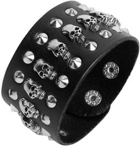 img 4 attached to Studded Leather Bracelet with Skull, Wide Belt Wrist Strap for Bikers and Punk Rock Enthusiasts