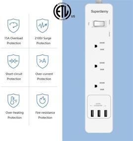 img 2 attached to Белая полоса с защитой от перенапряжения с удлинителем на 5 футов, 3 розетками и 3 портами USB для iPhone iPad PC Home Office Dorm Essentials Travel, 2100 джоулей, сертифицировано ETL.