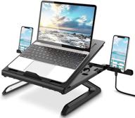 🖥️ adjustable ergonomic laptop stand with dual phone holders - multi-angle folding design, heat-vent, portable stand for laptops 10-17 inches - black logo