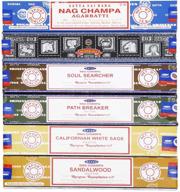 🌸 exquisite set of 6 satya incense sticks: nag champa, super hit, path breaker, soul searcher, sandalwood, californian white sage - 15 grams each логотип