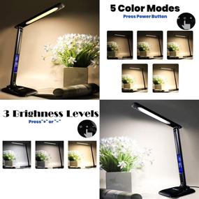 img 2 attached to 🌞 LEDGLE LED Desk Lamp with USB Charging Port and Clock, Alarm, Date, and Temperature Display - Adjustable, 8W Foldable Office Lamp with 5 Dimmable Brightness Levels &amp; 3 Lighting Modes, Eye-Caring Touch Table Lamp, Black