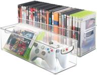 🎮 efficient game storage solution: mdesign plastic video game organizer - 2 pack clear holder bin with handles for media console stand, closet shelf, cabinets, tower, and bookshelves - ideal for discs, video games, and headsets logo