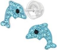 🐬 aube jewelry hypoallergenic 925 sterling silver dolphin earrings with blue crystals, silicone coated push backs for girls and women logo