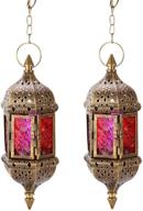 🕯️ gkanmore pack of 2 retro moroccan hanging candle lanterns - hollow metal glass candle holders with 15.7" hanging chain for home, patio, and christmas decorations (bronze) логотип