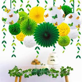img 1 attached to 🎉 Vibrant Yellow Green Party Decoration Kit: Hanging Paper Fans, Lanterns, Flowers, Pom Poms and 3D Butterfly Green Leaves Garland - Ideal for Birthday, Wedding, Engagement, Baby Shower & More!