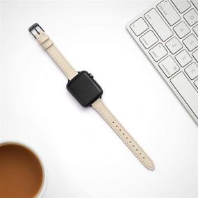 img 1 attached to STIROLL Slim Leather Bands: Beige with Black, Compatible with Apple Watch 38mm/40mm – Thin Top Grain Leather Watch Wristband for iWatch SE Series 6/5/4/3/2/1
