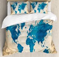 ambesonne vintage world map duvet cover set – watercolor brushstrokes on old backdrop print – queen size brown navy – 3 piece bedding set with 2 pillow shams logo