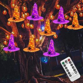 img 4 attached to Twinkle Star Halloween Decorations 8 Pcs Lighted Hanging Witch Hats - 14ft 56 LEDs Halloween Indoor Outdoor Remote Control String Lights - Battery Powered with 8 Lighting Modes for Garden, Yard, Tree