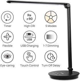 img 3 attached to 💡 Black Consciot LED Desk Lamp - 12W, Dimmable & Adjustable, Touch Control, 5 Lighting Modes, 7 Brightness Levels, Timer, 5V/2.1A USB Charging Port (ATL002-US-V1)