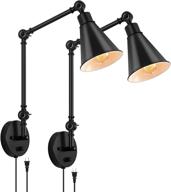 🏭 industrial vintage swing arm wall lamps set of 2 - dimmable plug-in wall sconce for bedroom, bathroom, and reading - adjustable light fixture in black home decor логотип