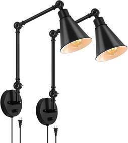 img 4 attached to 🏭 Industrial Vintage Swing Arm Wall Lamps Set of 2 - Dimmable Plug-in Wall Sconce for Bedroom, Bathroom, and Reading - Adjustable Light Fixture in Black Home Decor