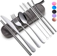 🍴 portable travel utensils set - reusable stainless steel cutlery kit for camping - 8pcs including dinner knife, fork, spoon, chopsticks, boba straw - silver flatware set logo