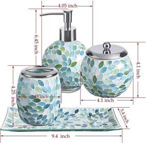img 3 attached to 🛁 KMWARES Mosaic Glass Decorative Bathroom Accessories Set 4PCs - Hand Soap Dispenser, Cotton Jar, Toothbrush Holder & Vanity Tray - Mixed Color Glass with Blue, Green, White Accents
