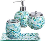 🛁 kmwares mosaic glass decorative bathroom accessories set 4pcs - hand soap dispenser, cotton jar, toothbrush holder & vanity tray - mixed color glass with blue, green, white accents logo
