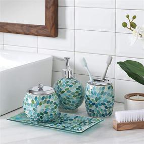 img 1 attached to 🛁 KMWARES Mosaic Glass Decorative Bathroom Accessories Set 4PCs - Hand Soap Dispenser, Cotton Jar, Toothbrush Holder & Vanity Tray - Mixed Color Glass with Blue, Green, White Accents