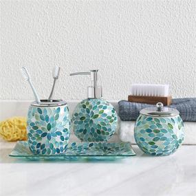img 2 attached to 🛁 KMWARES Mosaic Glass Decorative Bathroom Accessories Set 4PCs - Hand Soap Dispenser, Cotton Jar, Toothbrush Holder & Vanity Tray - Mixed Color Glass with Blue, Green, White Accents