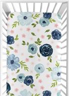 🌸 sweet jojo designs navy blue and pink watercolor floral fitted crib sheet - baby/toddler bed nursery décor - blush, green, and white shabby chic rose flower design logo