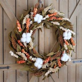 img 1 attached to 🍂 Bibelot 20 inch Autumn Wreath: Cotton Ball Design with Artificial Grain; Thanksgiving Rustic Harvest Wreath for Front Door Decoration; Rustic Farmhouse Decor: Home Wall Hanging for Indoor/Outdoor Use