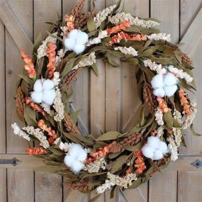 img 2 attached to 🍂 Bibelot 20 inch Autumn Wreath: Cotton Ball Design with Artificial Grain; Thanksgiving Rustic Harvest Wreath for Front Door Decoration; Rustic Farmhouse Decor: Home Wall Hanging for Indoor/Outdoor Use