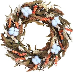 img 4 attached to 🍂 Bibelot 20 inch Autumn Wreath: Cotton Ball Design with Artificial Grain; Thanksgiving Rustic Harvest Wreath for Front Door Decoration; Rustic Farmhouse Decor: Home Wall Hanging for Indoor/Outdoor Use