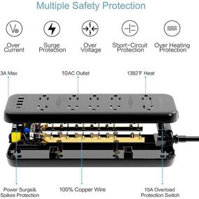 img 1 attached to 💡 HITRENDS Power Strip Surge Protector with 10 Outlets & 3 USB Ports - 6ft Extension Cord, Angled Flat Plug - Ideal for Home Office (Black)