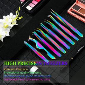 img 3 attached to Rainbow Eyelash Extension Tweezers Set: 8-Piece Straight and Curved Tip False Lash Tweezers for Precision Application - Stainless Steel with Velvet Bag Included