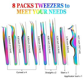 img 2 attached to Rainbow Eyelash Extension Tweezers Set: 8-Piece Straight and Curved Tip False Lash Tweezers for Precision Application - Stainless Steel with Velvet Bag Included