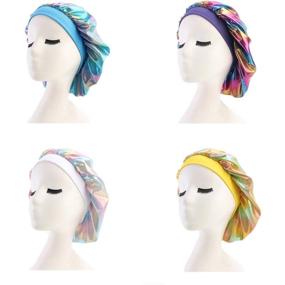 img 3 attached to 🌈 Pack of 4 Colorful Printed Silk Bonnets for Curly Hair - Elastic Wide Band Sleep Caps with Premium Elastic Band Sleep Bonnets for Women