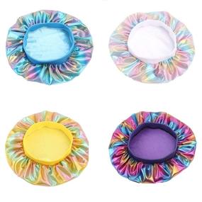 img 1 attached to 🌈 Pack of 4 Colorful Printed Silk Bonnets for Curly Hair - Elastic Wide Band Sleep Caps with Premium Elastic Band Sleep Bonnets for Women