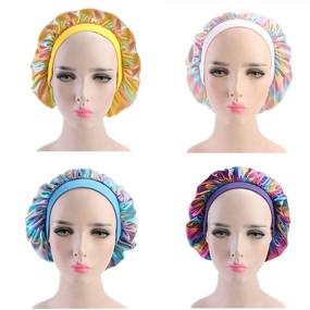 img 2 attached to 🌈 Pack of 4 Colorful Printed Silk Bonnets for Curly Hair - Elastic Wide Band Sleep Caps with Premium Elastic Band Sleep Bonnets for Women