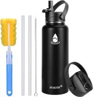 🧃 syacot 40 oz stainless steel water bottle - insulated double wall vacuum leak proof flask, metal thermo canteen mug with 2 straw lids, wide mouth (40 oz, black) логотип