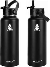 img 3 attached to 🧃 SYACOT 40 oz Stainless Steel Water Bottle - Insulated Double Wall Vacuum Leak Proof Flask, Metal Thermo Canteen Mug with 2 Straw Lids, Wide Mouth (40 oz, Black)