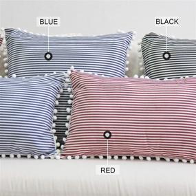 img 1 attached to 🔘 JOJUSIS Farmhouse Red and White Ticking Stripe Throw Pillow Covers with Pom-poms - Set of 2 18 x 18 Inch Outdoor Decorative Couch Pillowcases Cushion Covers